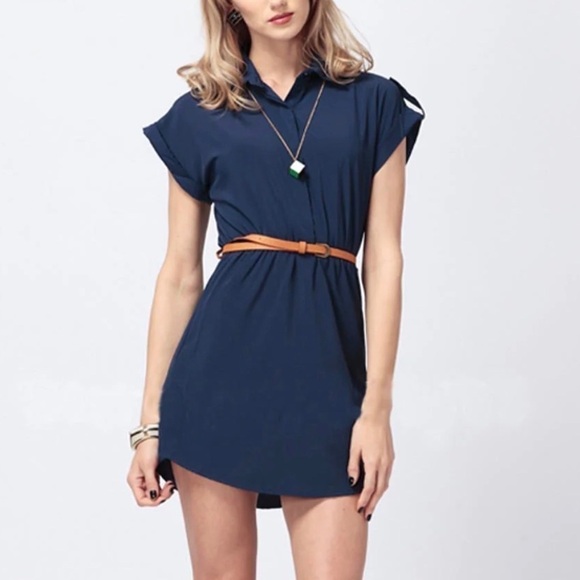 🆕 NWT short sleeve collared belted button pullover mini dress solid blue small - Picture 1 of 9